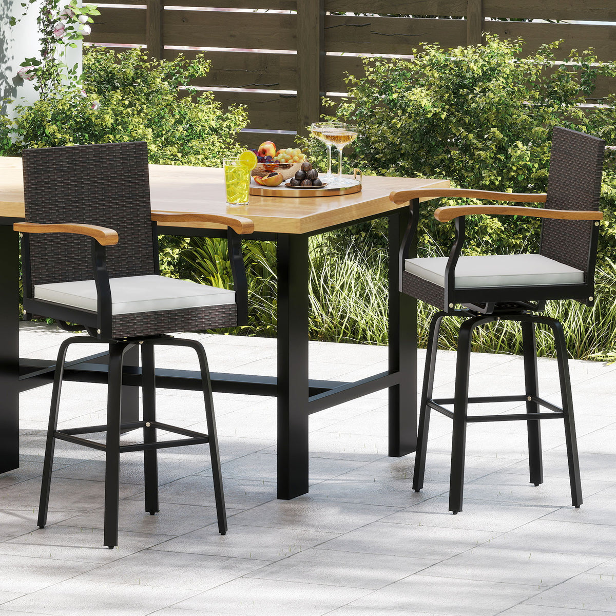 One Outdoor 360Â° Swivel Bar Stool with Cushion and Acacia Wood Armrests