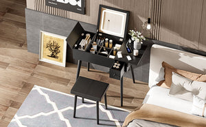 Couch.com Makeup Vanity Desk With Flip Top Mirror And LED Light, Dressing Table With Charging Station, 2 Drawers And Fold Up Panel, Vanity Set With Cushioned Stool For Bedroom Black, with Storage by Couch.com