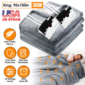Electric Heated King Size Fleece Heated Blanket with Dual Controller 10 Heating Levels 10 Hours Auto Off Machine Washable for Home Office Usage 90x100 by DirectDeals
