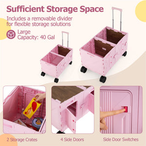 Large Foldable Utility Cart with 2-Tier Storage Crates and Telescoping Handle-Pink