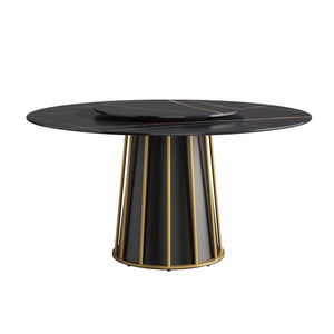 Couch.com Modern Artificial Stone Round Metal Iron Base Dining Table, Can Accommodate 8 People Artificial Stone Turntable (Not Including Chairs) Black, Durable Design, Easy to Clean by Couch.com