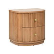 The Valentine - 2 Drawer Storage Side Table is a wooden nightstand with vertical groove detailing, round brass knobs, and a flat base. It features two drawers and a smooth top with rounded edges in light brown.