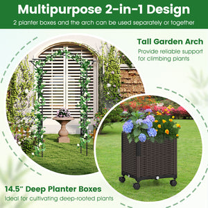 82 x 99 Inch Garden Arch Trellis with 2 Self-Watering Planter Boxes Wheels-Black