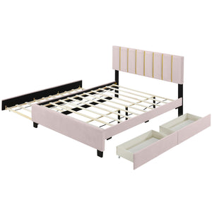 Upholstered Platform Bed With 2 Drawers And 1 Trundle, Classic Strip Headboard Design by Couch.com