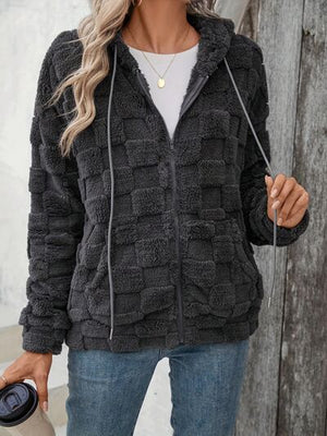 Dark Gray Women Checkered Pattern Jacket Comfy Textured Zip-Up Drawstring Fuzzy Jacket
