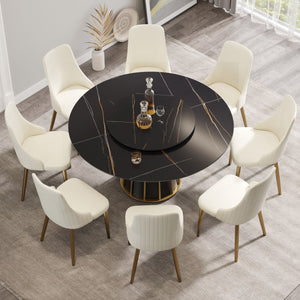 Modern Artificial Stone Round Metal Iron Base Dining Table, Can Accommodate 8 People Artificial Stone Turntable (Not Including Chairs) - Black by Couch.com
