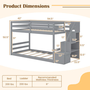 Twin Over Twin Low Bunk Bed with Storage Stairs Solid Wood Floor Bunk Bed Frame-Gray