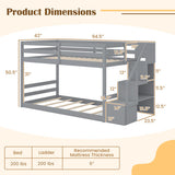 Twin Over Twin Low Bunk Bed with Storage Stairs Solid Wood Floor Bunk Bed Frame-Gray