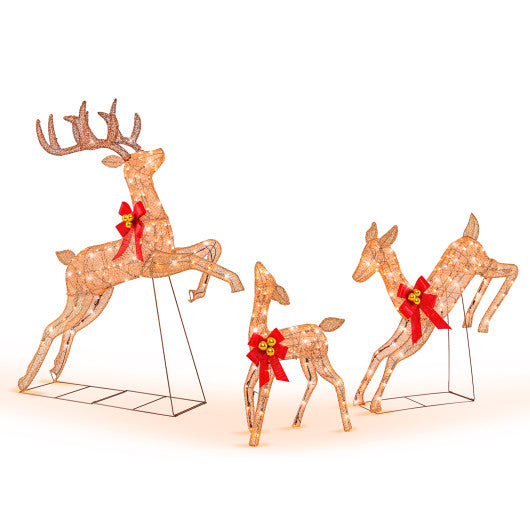 3 Pieces Lighted Christmas Reindeer Family Set with 255 Lights-Golden
