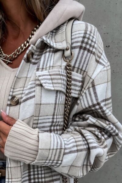 Vintage Retro Style Women Camel Plaid Button Up Jacket with Removable Hood Classic & Cozy Everyday Wear