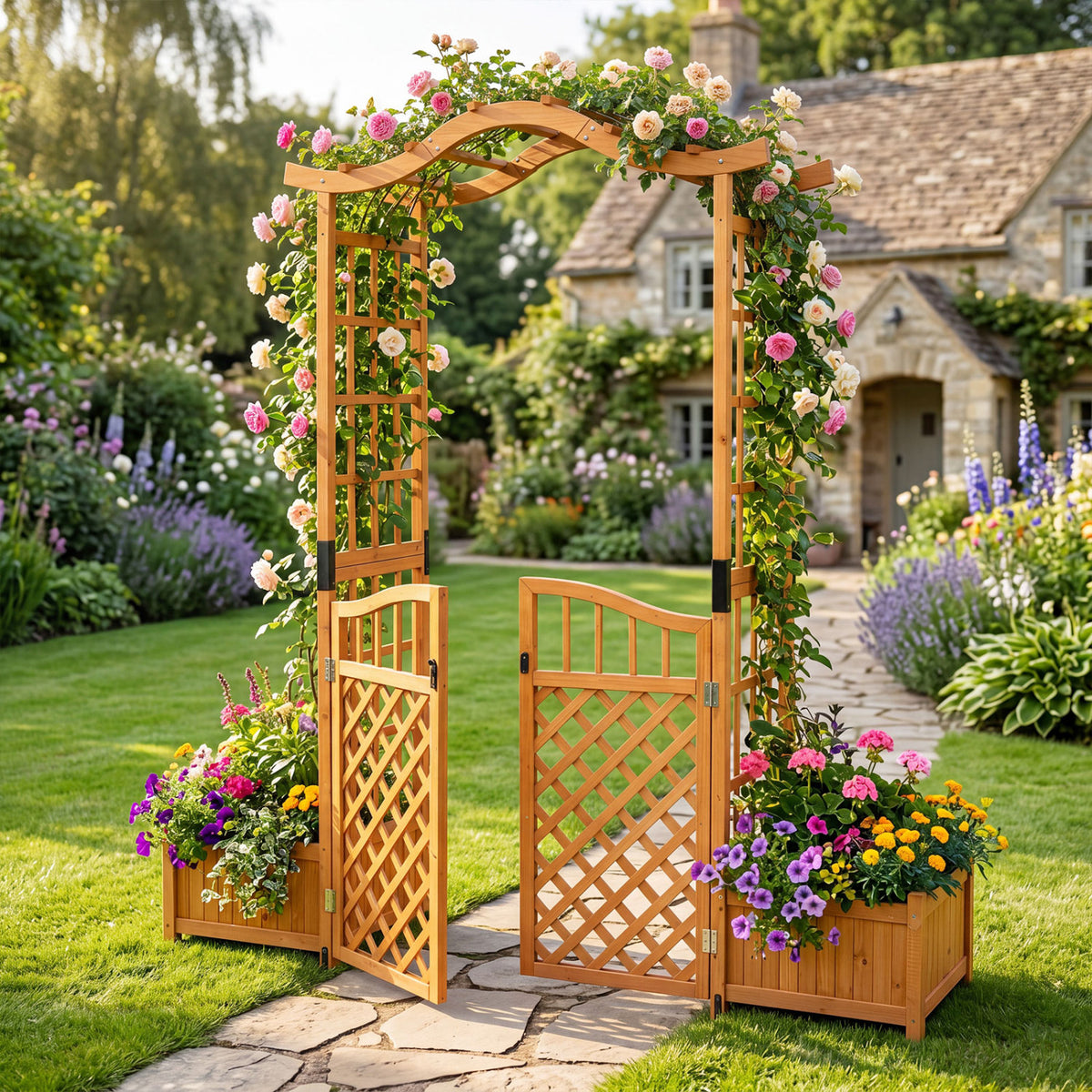 83" Garden Arbor with Gate and 2 Planter Boxes-Yellow