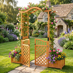 83" Garden Arbor with Gate and 2 Planter Boxes-Yellow