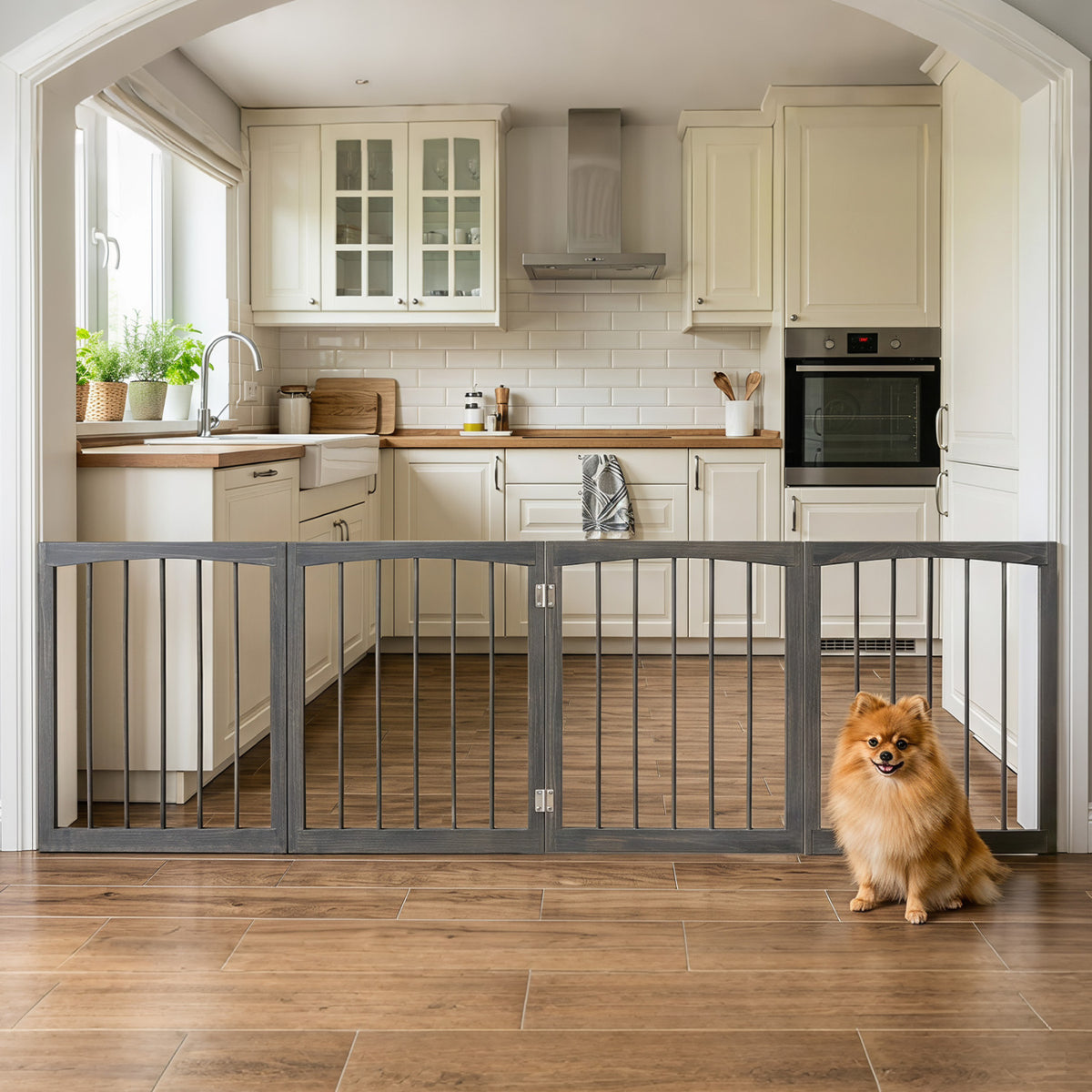 83 inch L x 30 inch H Dog Gate 4-Panel Wooden Pet Fence for Indoor-Gray
