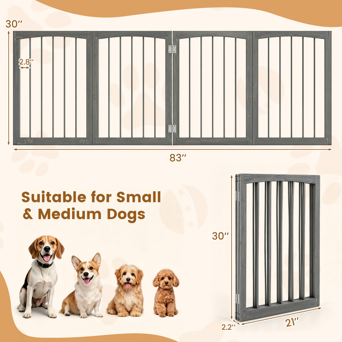 83 inch L x 30 inch H Dog Gate 4-Panel Wooden Pet Fence for Indoor-Gray