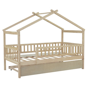 The Creativity House Bed with Twin Size Trundle is a wooden, house-shaped bed frame with a natural finish. It features slatted sides, an open roof design, and a functional pull-out trundle beneath.