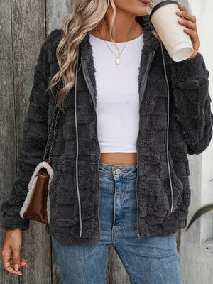 Dark Gray Women Checkered Pattern Jacket Comfy Textured Zip-Up Drawstring Fuzzy Jacket
