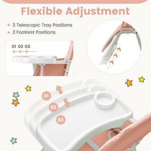 Easy Clean Compact Highchair with Removable Adjustable Tray and PU Seat Cushion-Pink