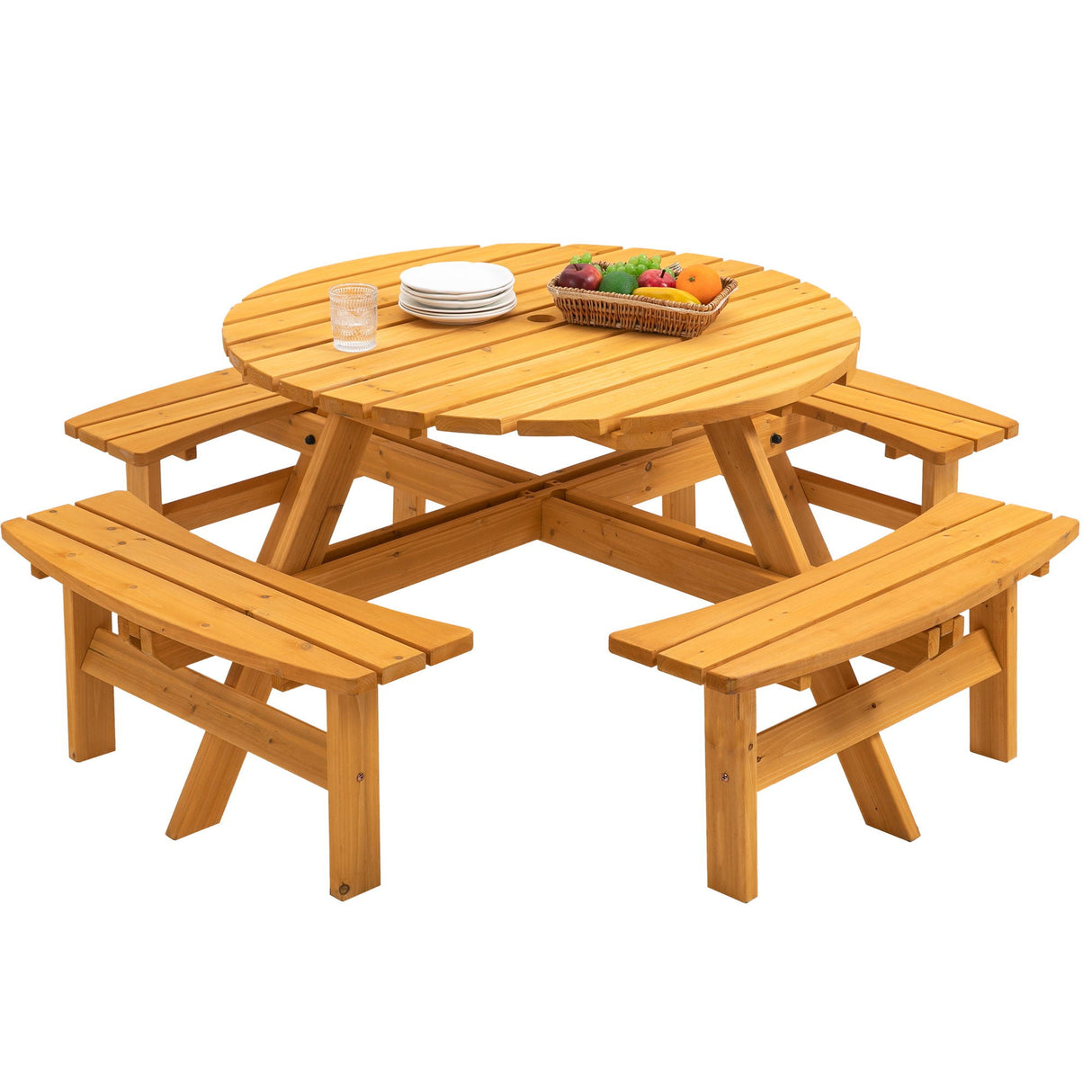 8 Person Wooden Picnic Table, Outdoor Camping Dining Table With Seat, Garden, Diy With 4 Built-In Benches, 2220Lb Capacity by Couch.com