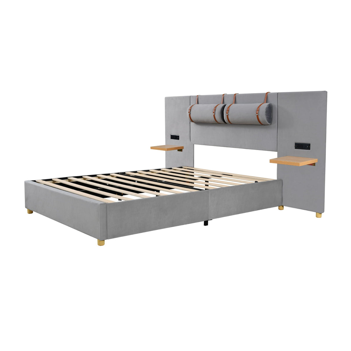Upholstered Platform Bed, 2 Outlets And USB Charging Ports On Both Sides, 2 Bedside Pillows, Storage Shelves by Couch.com