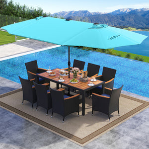 11 Pieces Patio Dining Set with LED Patio Umbrella with Base and Seat Cushions (Navy)-Turquoise