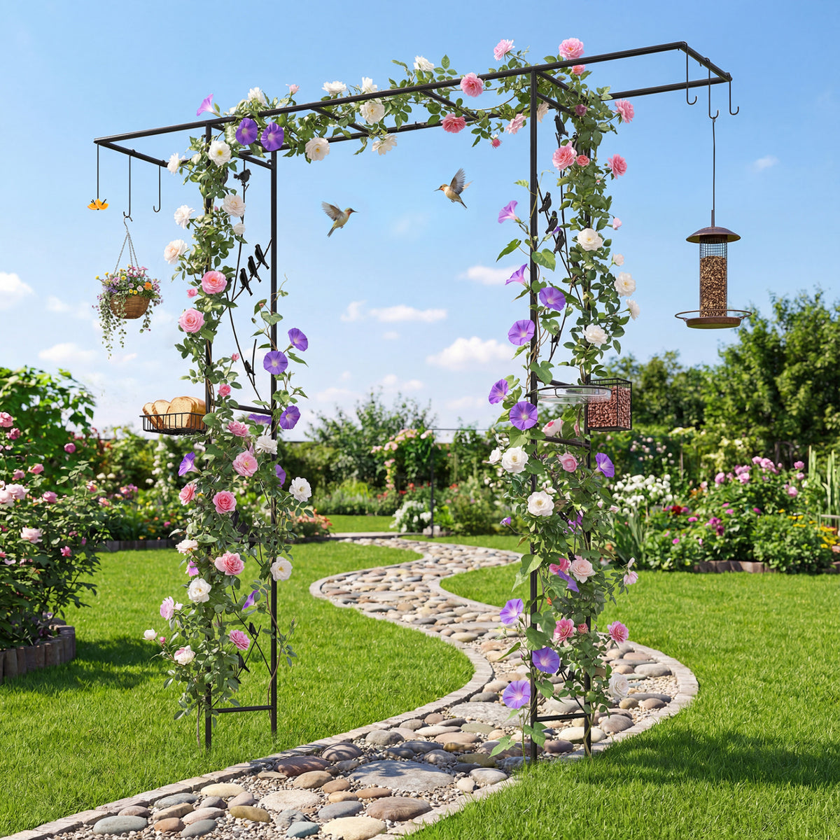 84 Inch Garden Arbor Feeding Station with Water Bowl and Mesh Tray-Black