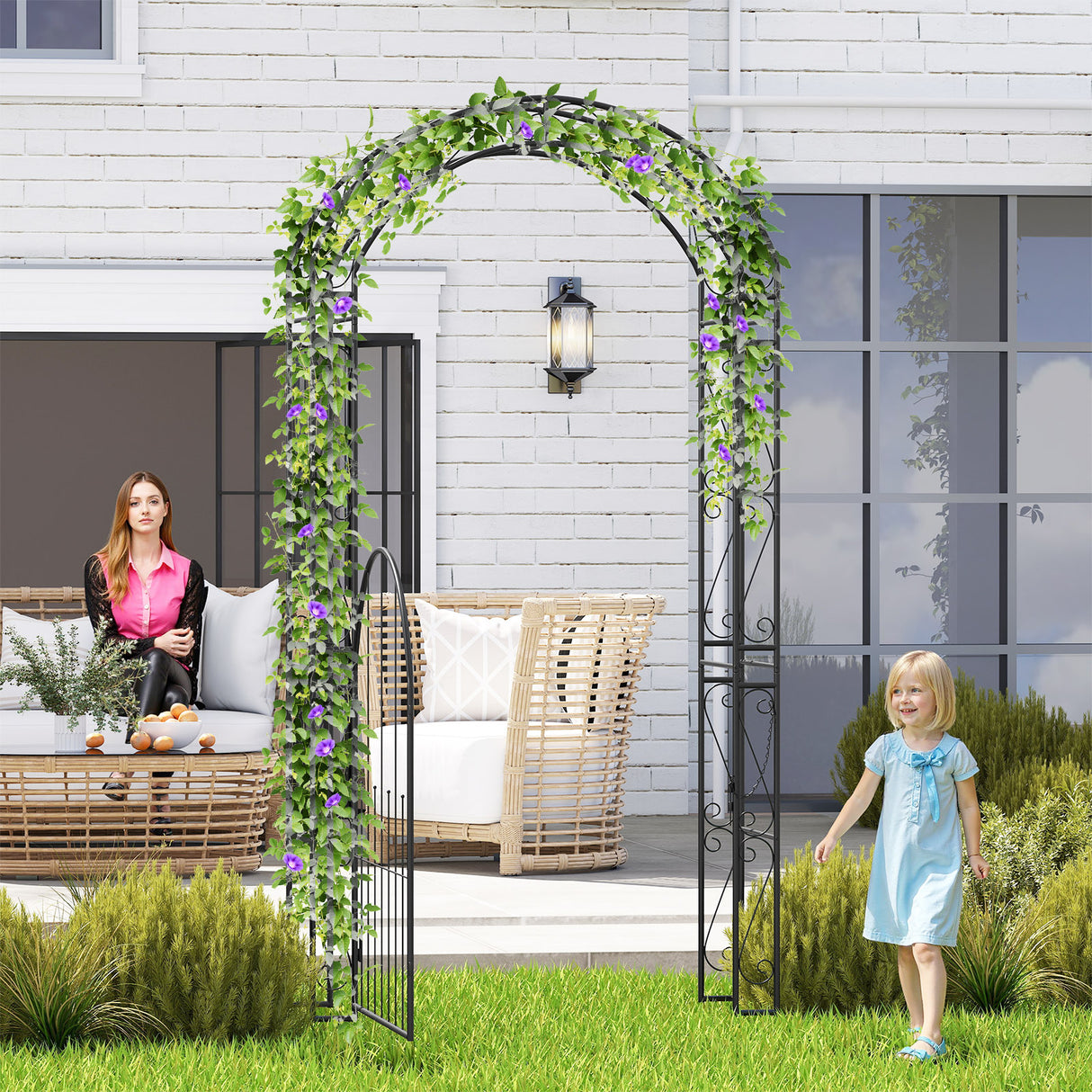 84 Inch Tall Garden Arch Metal Arbor Archway with Gate