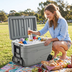 84 Quart Portable Wheeled Ice Cooler with Foldable Pull-Gray