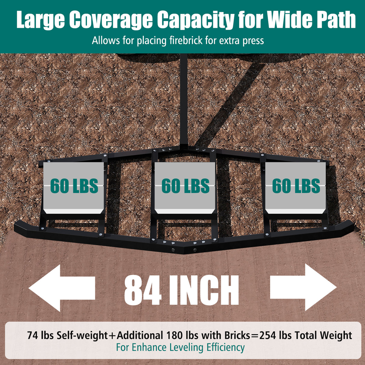 84 inch Wide Driveway Drag Tow Behind Landscape Leveling Rake with Reinforced Bars-Black
