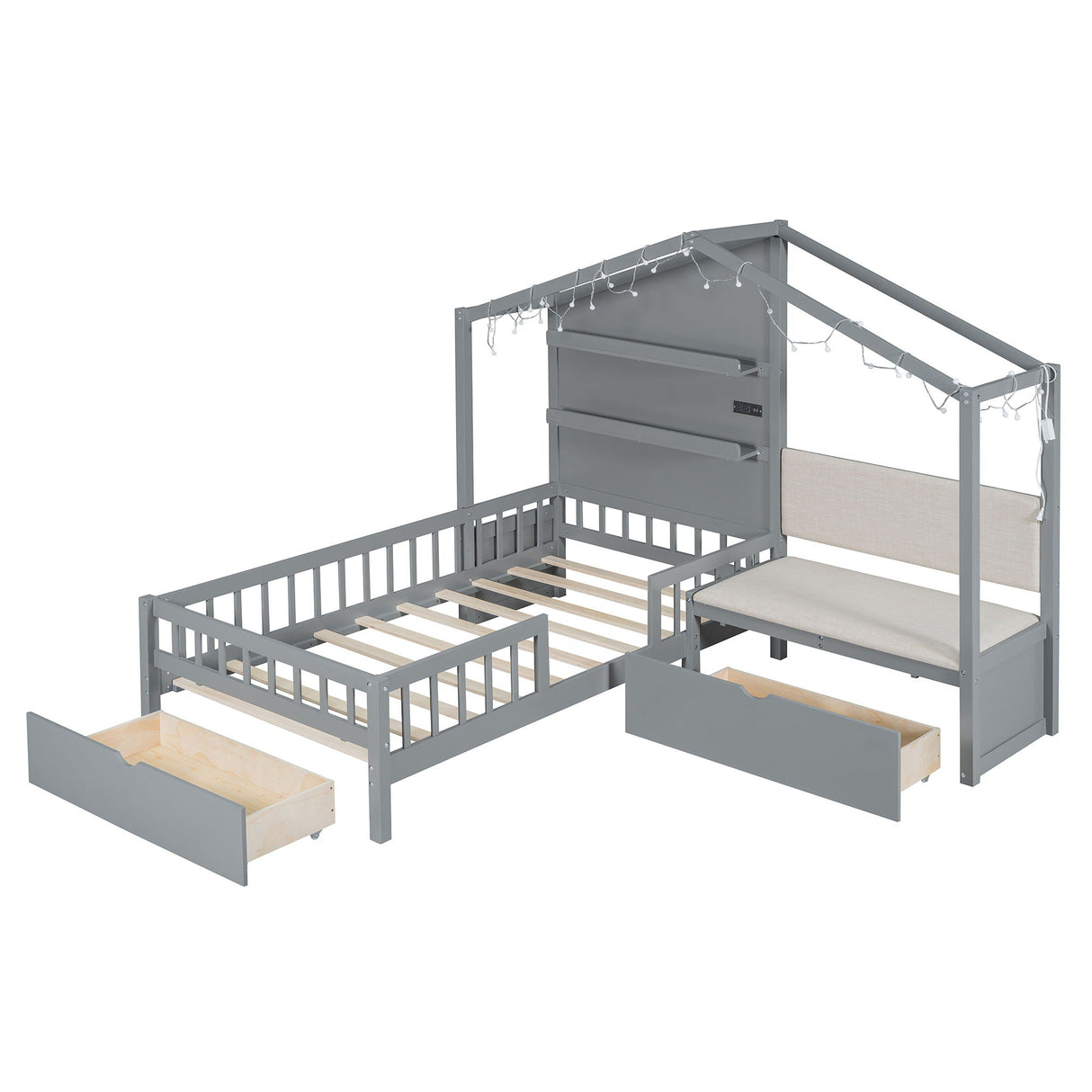 House Bed With Upholstered Sofa, Wireless Charging Station, Shelves And 2 Drawers by Couch.com