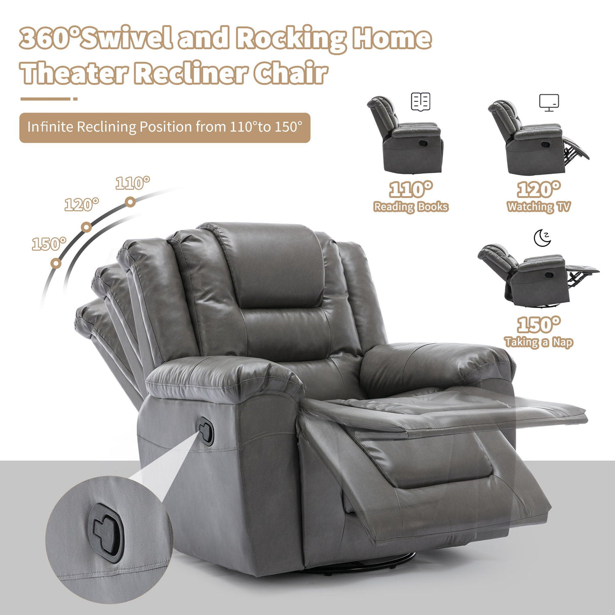 360° Swivel And Rocking Home Theater Recliner Manual Recliner Chair With Wide Armrest For Living Room by Couch.com