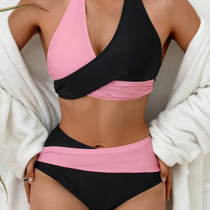 Bikini Black and White Contrast Color Criss Cross Neck 2 Piece Swimsuit for Women – Stylish Medium Stretch Two-Tone Bikini Set with Unique Neckline and Flattering Fit – Modern Swimwear for Beach Days, Pool Lounging, and Summer Escapes