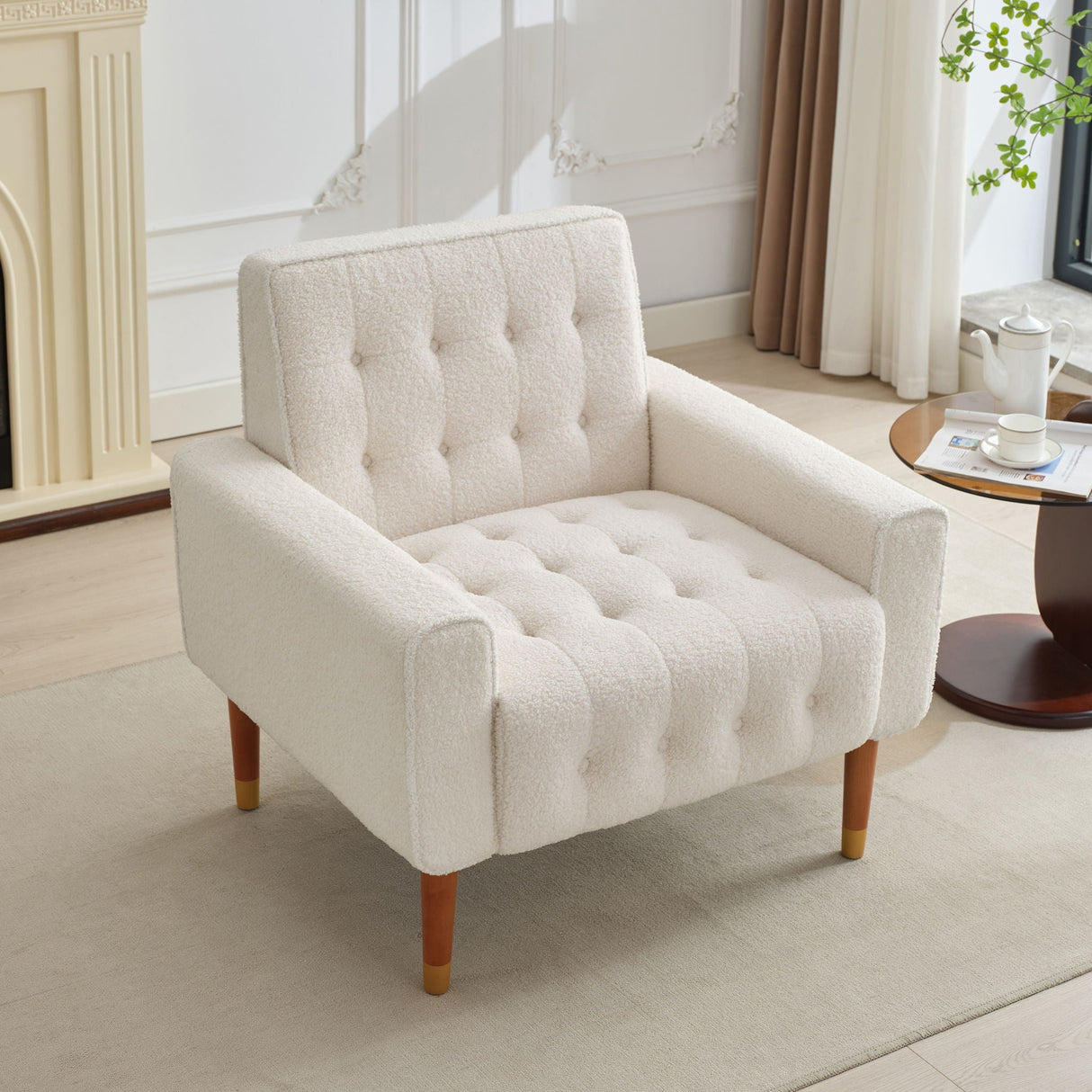 Classic Biscuit Style Accent Chair Comfortable Armrests, Soft Fabric, Elegant Solid Wood Legs With Gold Finish - Beige by Couch.com