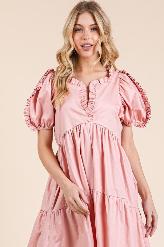 Ruffle Trim Puff Sleeve Tiered Babydoll Midi Dress – Fluttering, Sweet, Elegant, Feminine, and Trendy Babydoll Midi Dress with Ruffle Trim and Puff Sleeves