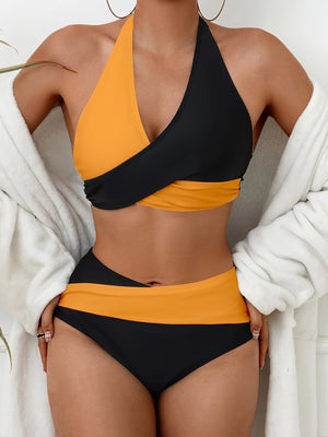 Bikini Black and White Contrast Color Criss Cross Neck 2 Piece Swimsuit for Women – Stylish Medium Stretch Two-Tone Bikini Set with Unique Neckline and Flattering Fit – Modern Swimwear for Beach Days, Pool Lounging, and Summer Escapes