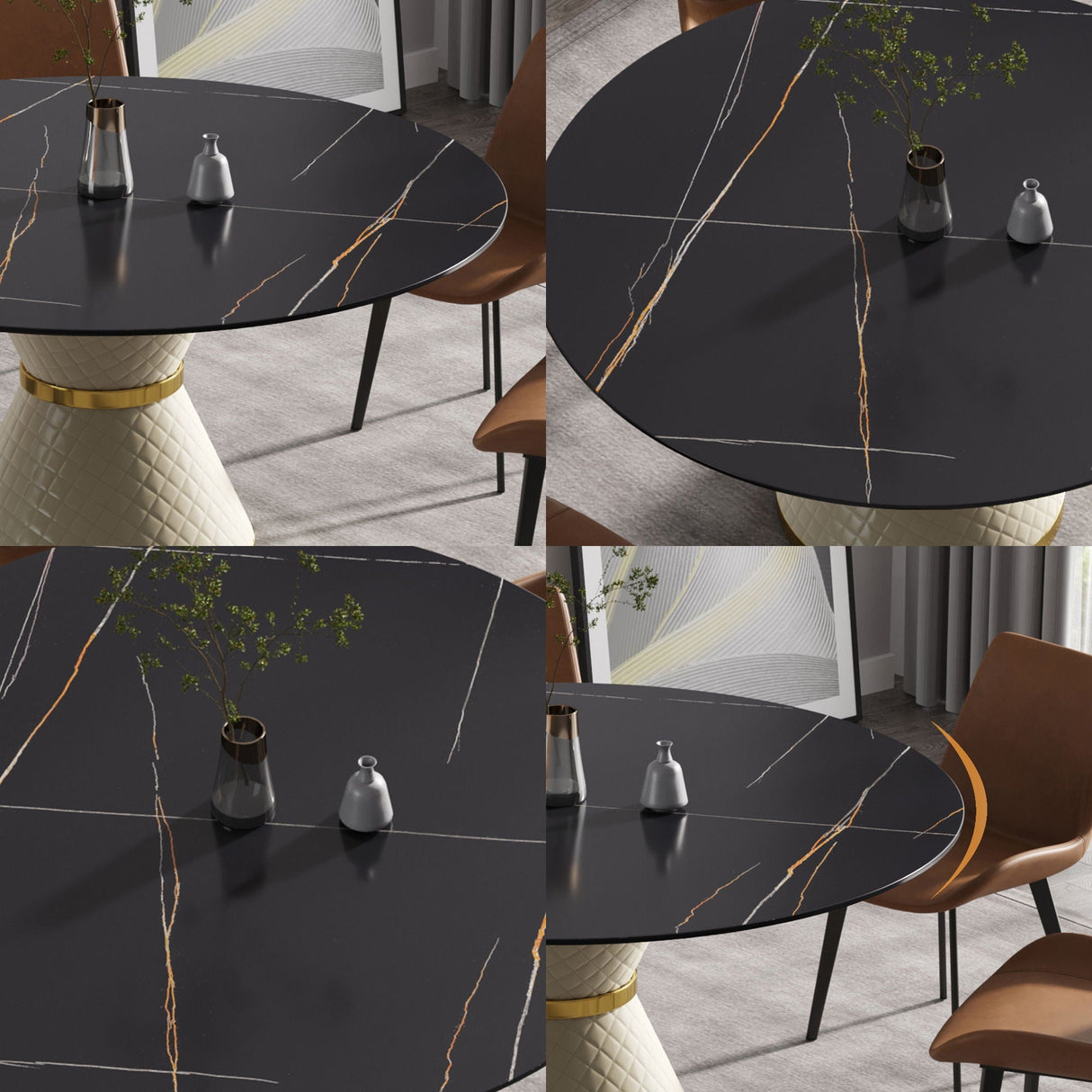 59.05" Modern Artificial Stone Round Carbon Steel Base Dining Table, Can Accommodate 6 People - Black / White by Couch.com