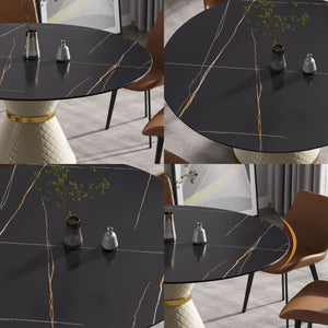 59.05" Modern Artificial Stone Round Carbon Steel Base Dining Table, Can Accommodate 6 People - Black / White by Couch.com