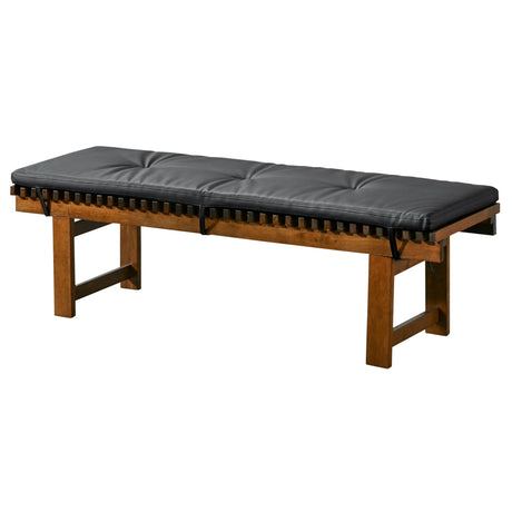 Lucia - Bench - Black: A wooden frame bench with a plush button-tufted black cushion and visible straps underneath for added support.