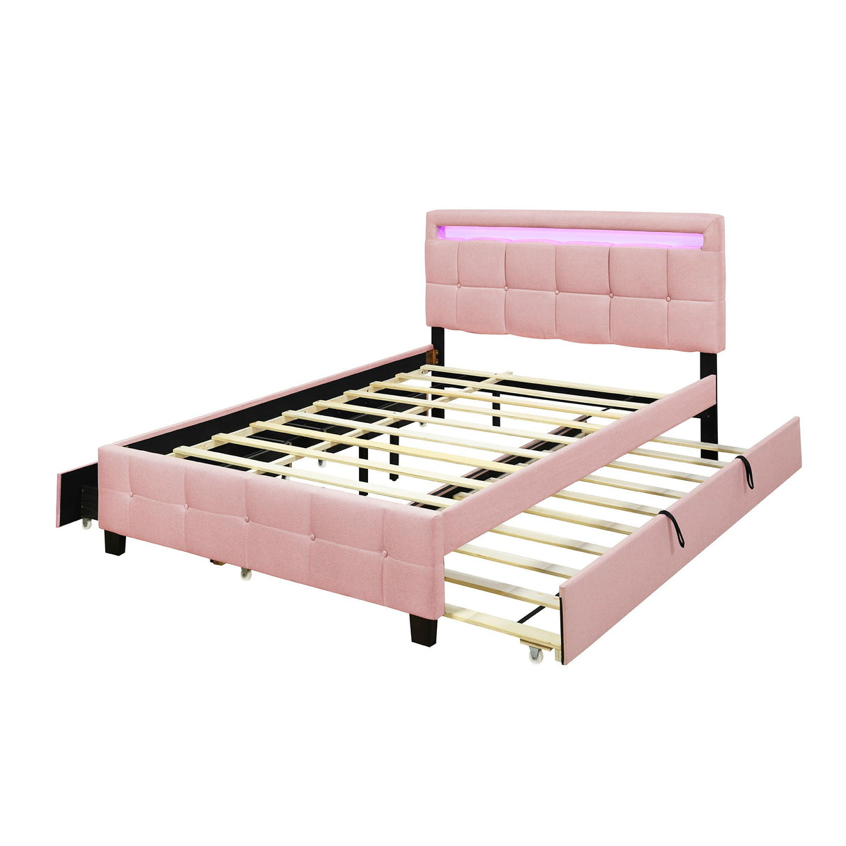 The Upholstered Platform Bed With LED Frame features a pink tufted headboard, slatted base, and two spacious pull-out drawers on wheels for storage.