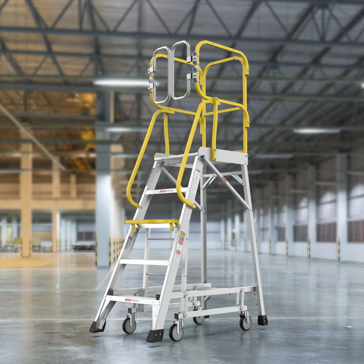 Heavy Duty Aluminum Rolling Platform Ladder With Steps, 375Lbs Capacity