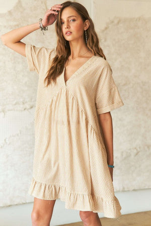 Ruffled Hem Striped V-Neck Babydoll Dress For Women – Playful, Chic, Versatile, Perfect for Casual to Semi-Formal Occasions