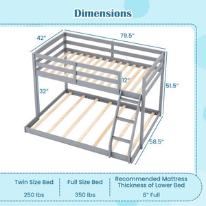 Twin Over Full Bunk Bed Low Floor Bunk Bed Frame-Gray