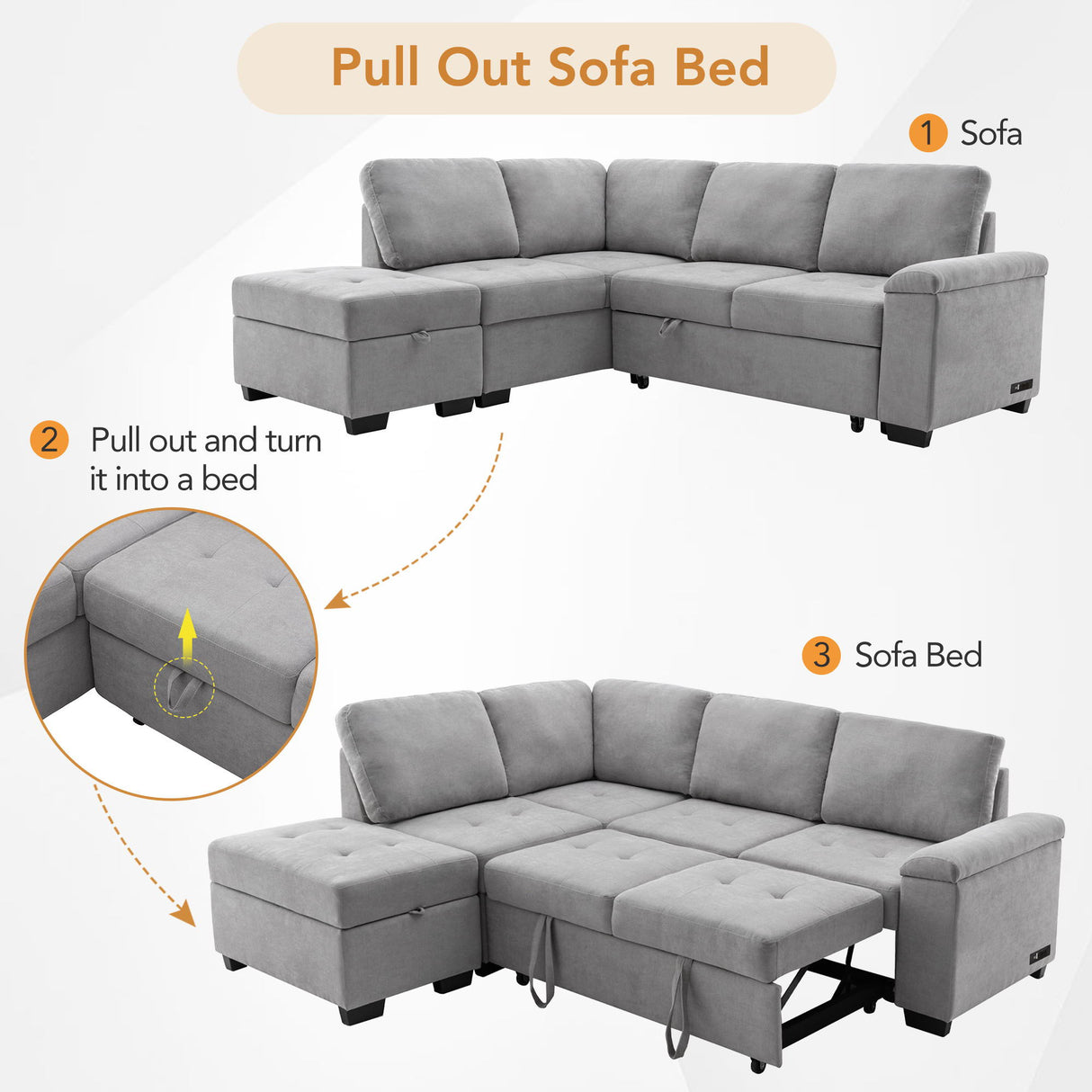 Sleeper Sectional Sofa, L-Shape Corner Couch Sofa Bed With Storage Ottoman & Hidden Arm Storage & USB Charge For Living Room Apartment by Couch.com