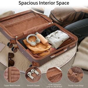 A suitcase open with compartments packed with clothes, headphones, and accessories showcases features such as a zipper mesh pocket, smooth zipper, 20% expansion, and sturdy cross strap. Text: "Spacious Interior Space." Sunglasses and shoes nearby. From the 4 Piece Luggage Suitcase Set.