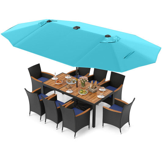 11 Pieces Patio Dining Set with LED Patio Umbrella with Base and Seat Cushions (Navy)-Turquoise
