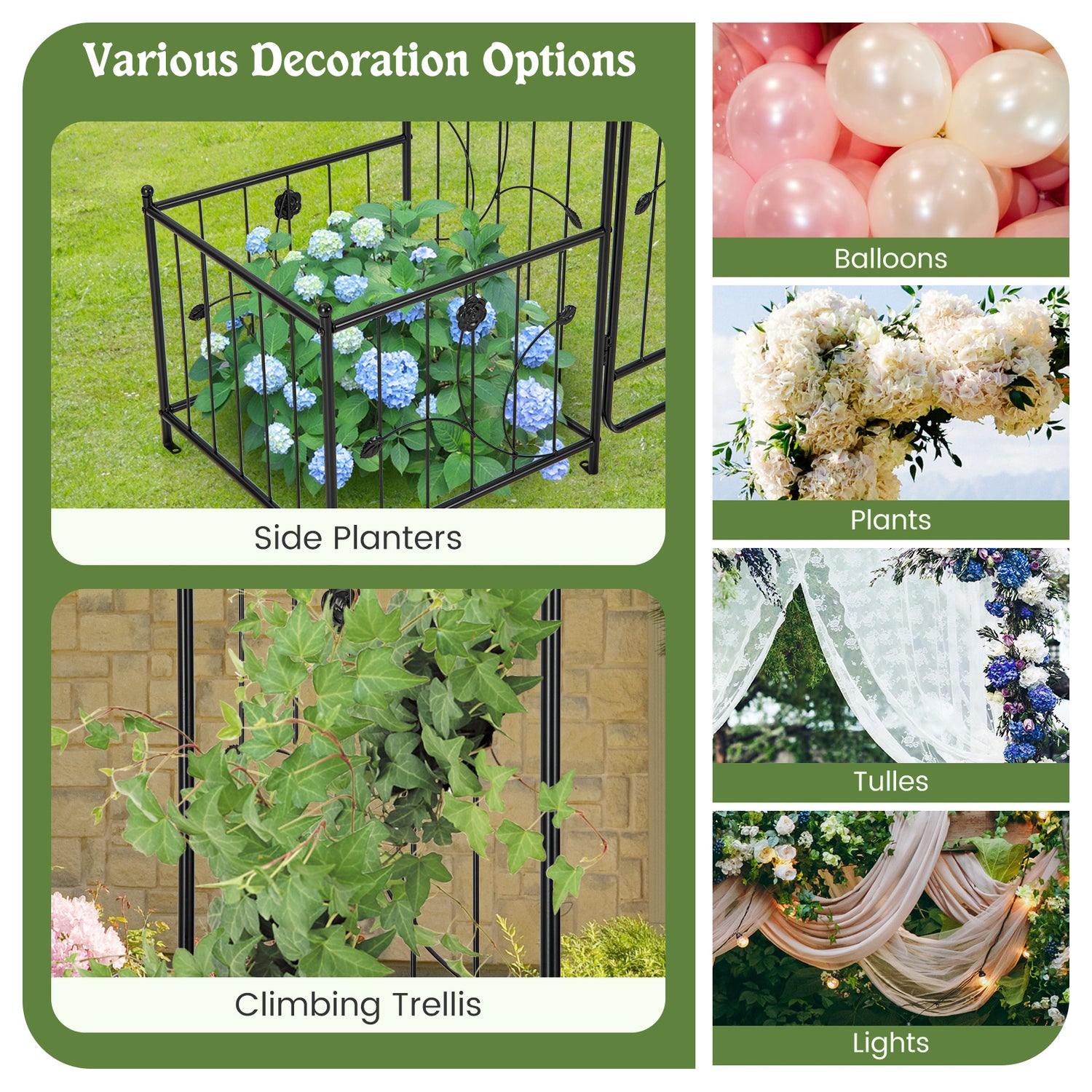 87 Inches Garden Arbor with Lockable Gate Side Planters-Black