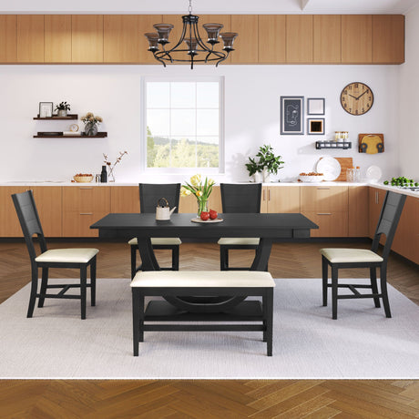 A modern dining room features the Topmax 6 Piece Wood Half Round Dining Table Set with a black table, four chairs, and a long bench on a light rug. Wooden cabinets and natural light enhance the space; decor and plants accent kitchen shelves.
