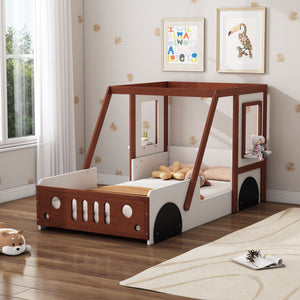 Fun Play Design Twin Size Car Bed, Kids Platform Bed In Car Shaped For Kids Boys Girls Teens - White / Orange by Couch.com