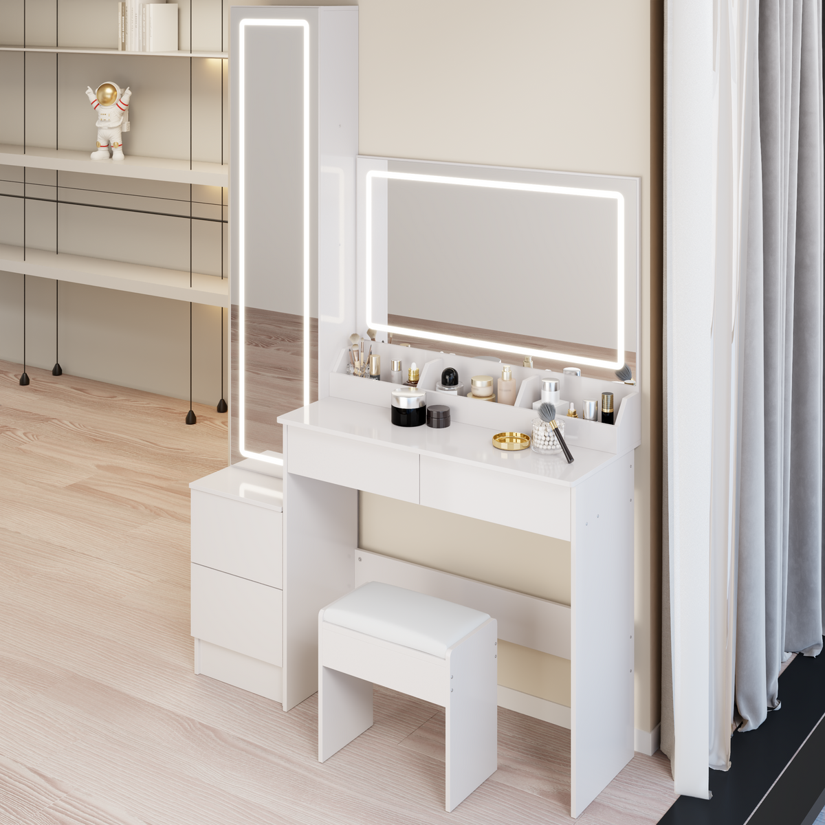 Extra Large LED Mirror Vanity Table + LED Dressing Mirror Cabinet + Cushioned Stool, Double Large LED Mirror, Touch Control, 3-color Switch, Brightness adjustable, Multi-layer High Capacity Storage