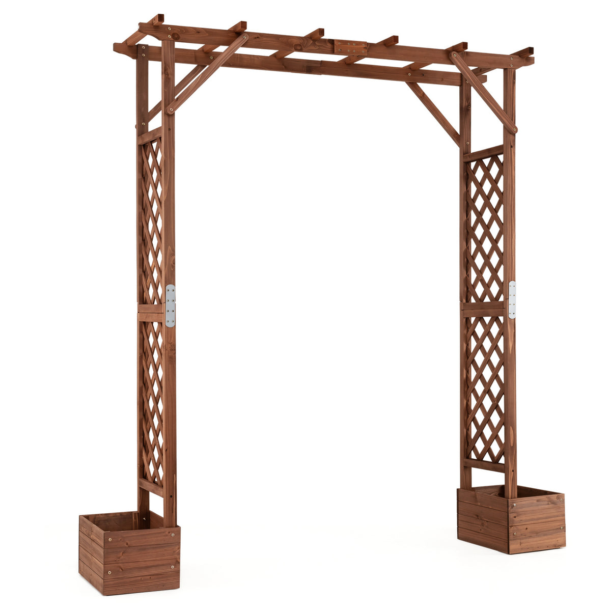 87in Tall Wooden Garden Arbor with Planter Boxes and Hanging Roof for Climbing Plants-Orange