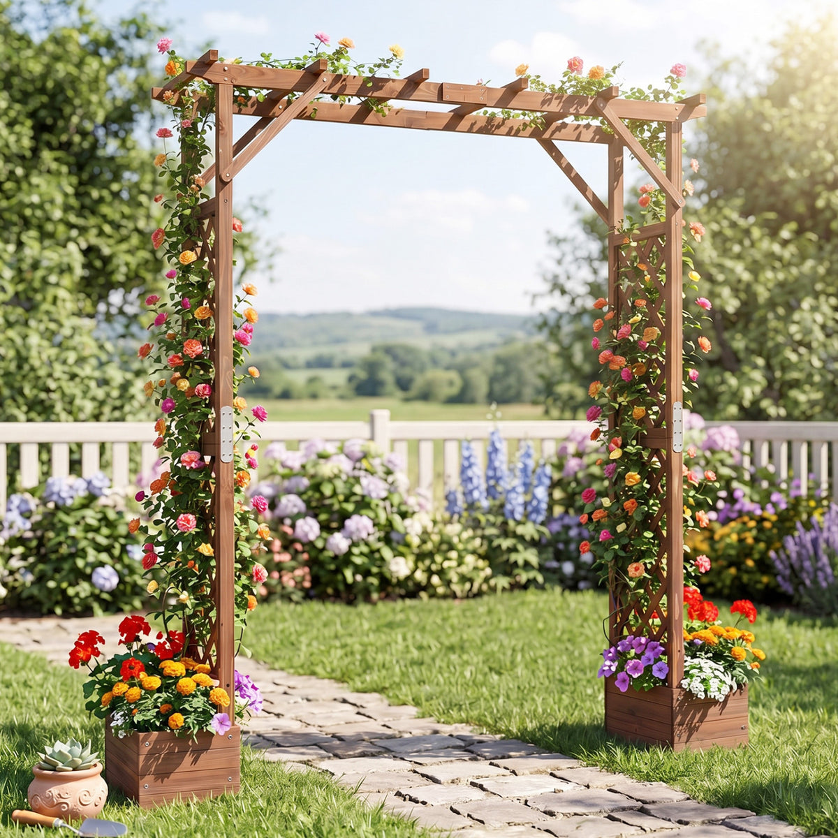 87in Tall Wooden Garden Arbor with Planter Boxes and Hanging Roof for Climbing Plants-Orange